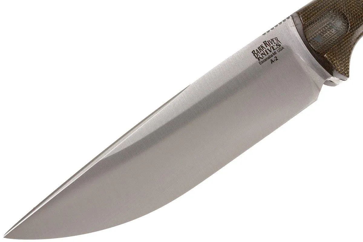 Bark River Bravo Vortex A2 jimped, Green Canvas Micarta, brown sheath