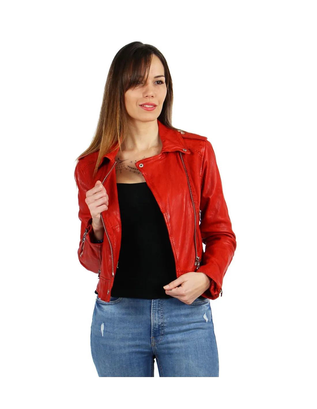 Blouson style perfecto Oakwood Kyoto en cuir ref_44595 Rouge