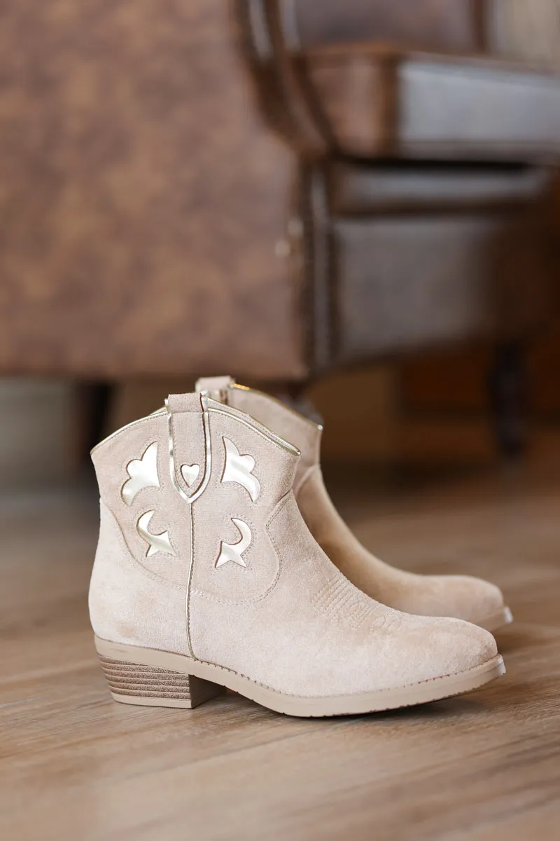 Bottines beige motifs et liserés dorés petit talon
